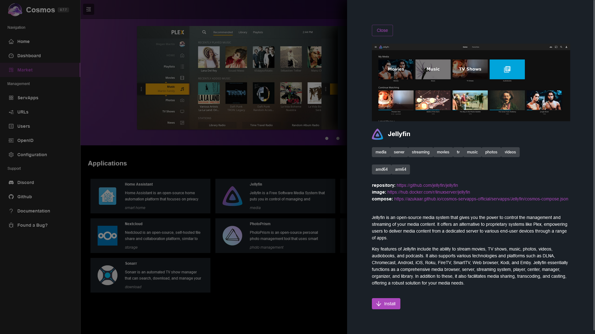 App marketplace showing available applications like Jellyfin, Home Assistant, and Nextcloud