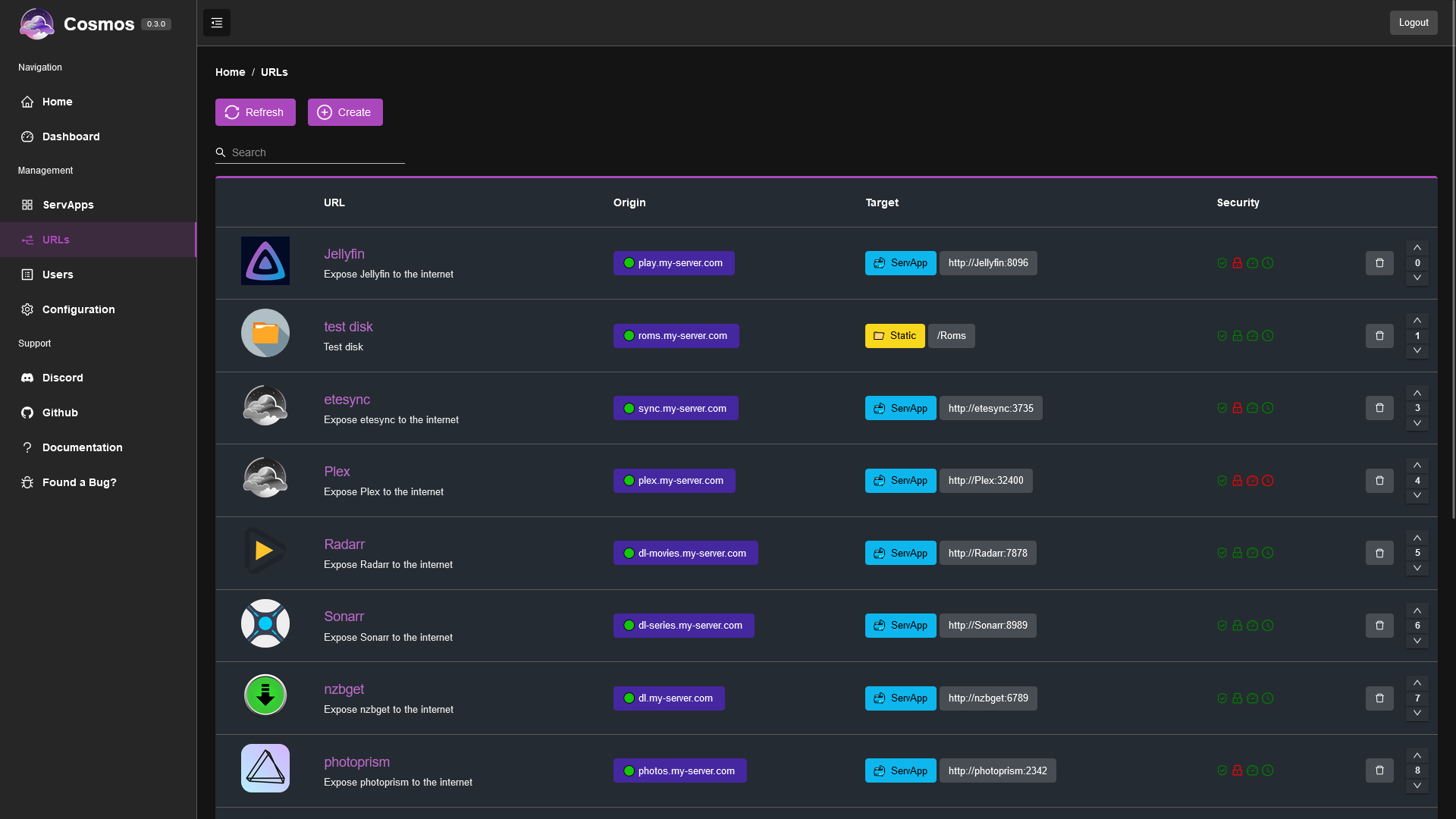 URL management showing reverse proxy configuration for various services