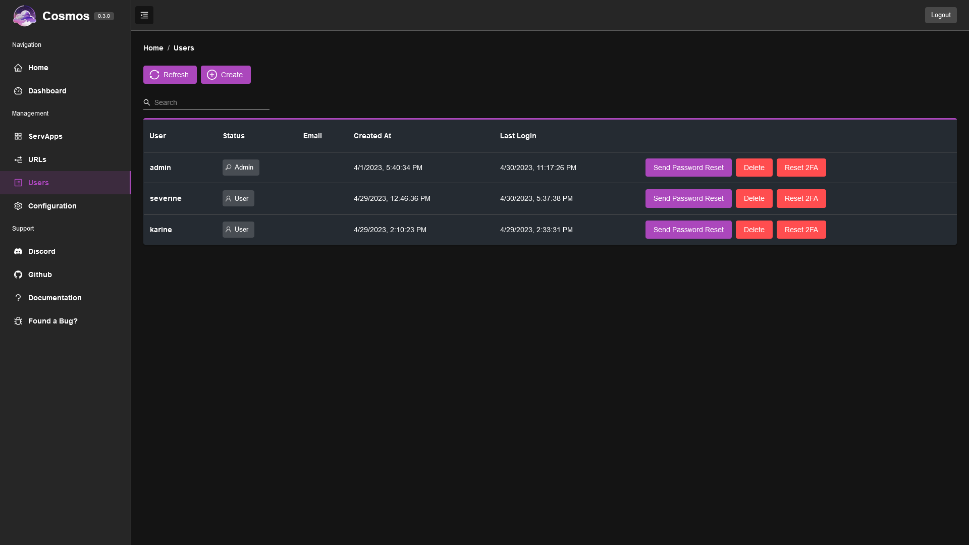 User management interface with admin controls and user roles
